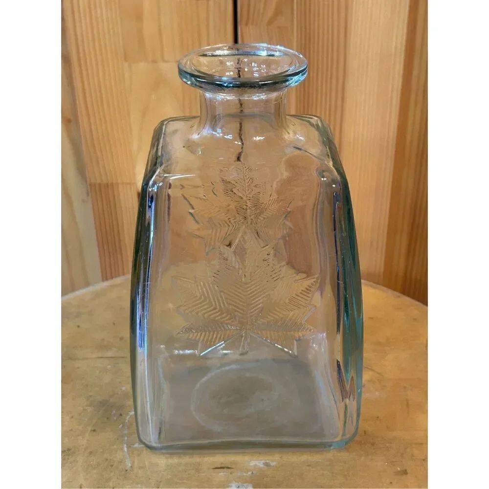 Vtg SQUARE CLEAR GLASS JAR 7” MAPLE LEAVES EMBOSS SYRUP ANCHOR HOCKING (8837)